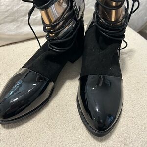 Patent Toe Black Lace-Up Ankle Booties